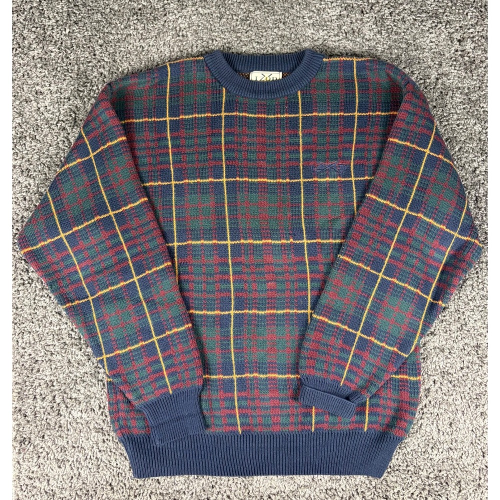Vintage IZOD Mens S Plaid Crewneck Grandpa Sweater Cotton Multi Color